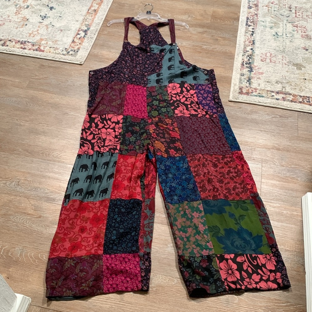 Rayon Patchwork bib Overalls - Size XL - Tall.- Batik Like Print Fabrics.